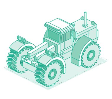 Isometric traktör beyaz arka planda izole edildi. Dikiz aynası. Vektör çizimi. Özet nesne. Büyük modern tarım traktörü.