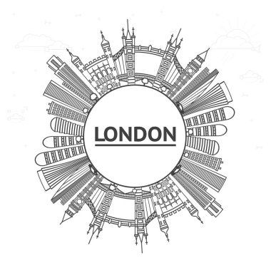 London England City Skyline 'ın ana hatlarıyla Modern Binalar ve White' a izole edilmiş kopya alanı. Vektör İllüstrasyonu. Tarihi Simgelerle Londra Şehri.