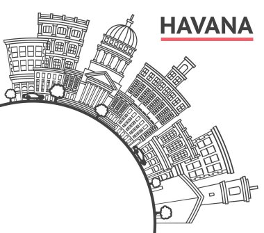 Havana Cuba City 'nin ana hatlarıyla tarihi binalar ve beyaza izole edilmiş kopya alanı. Vektör İllüstrasyonu. Tarihi Simgelerle Havana Şehir Manzarası.