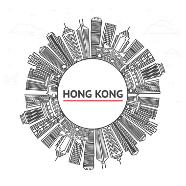 Hong Kong 'un modern binaları ve beyaza izole edilmiş kopya alanı olan ana hatlarıyla Çin Şehri Skyline. Vektör İllüstrasyonu. Tarihi Simgeli Hong Kong Şehri.