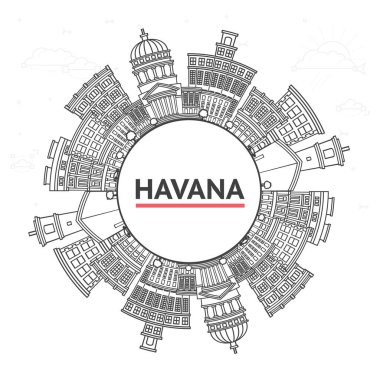 Havana Cuba City 'nin ana hatlarıyla tarihi binalar ve beyaza izole edilmiş kopya alanı. Vektör İllüstrasyonu. Tarihi Simgelerle Havana Şehir Manzarası.