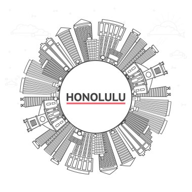 Modern Binalar ve White 'a izole edilmiş kopya alanı ile Honolulu City Skyline' ın ana hatlarını çiz. Vektör İllüstrasyonu. Tarihi Simgeli Honolulu Şehir Manzarası.