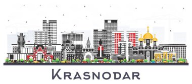 Krasnodar Rusya şehir silueti beyaz renkli binalar ile izole edildi. Vektör çizimi. Kent simgeleriyle Krasnodar şehri. Modern ve tarihi mimariyle seyahat ve turizm kavramı.