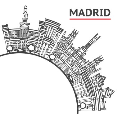 Madrid City Skyline 'ın ana hatları, tarihi binalar ve beyaza izole edilmiş kopya alanı. Vektör İllüstrasyonu. Madrid Şehir Manzarası Simgeleri.