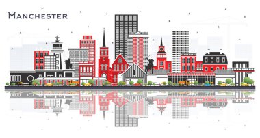 Manchester New Hampshire City Skyline 'da Gri Binalar ve Beyaz' a izole edilmiş yansımalar. Vektör İllüstrasyonu. Tarihi ve Modern Mimariyle Turizm Konsepti. Manchester ABD Şehir Manzarası.