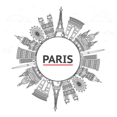 Paris France City Skyline 'ın ana hatları, tarihi binalar ve White' a izole edilmiş kopya alanı. Vektör İllüstrasyonu. Tarihi Simgelerle Paris Şehri.