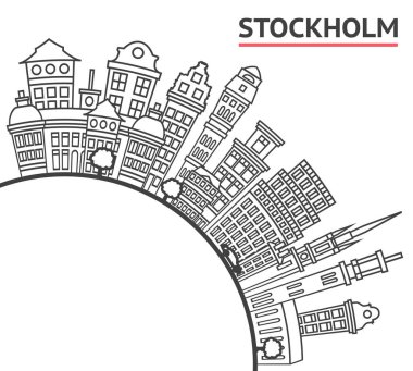 Stockholm City Skyline 'ın ana hatları, tarihi binalar ve White' a ayrılmış kopya alanı. Vektör İllüstrasyonu. Stockholm Kent Simgeleriyle.
