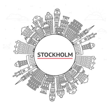 Stockholm City Skyline 'ın ana hatları, tarihi binalar ve White' a ayrılmış kopya alanı. Vektör İllüstrasyonu. Stockholm Kent Simgeleriyle.