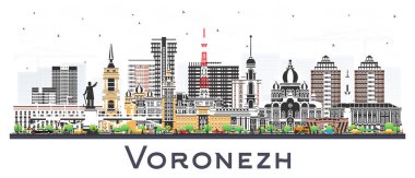 Voronezh Rusya şehri beyaza izole edilmiş renkli binalarla ufukta beliriyor. Vektör çizimi. Voronezh şehir simgeleriyle dolu. Modern ve tarihi mimariyle iş seyahati ve turizm kavramı.