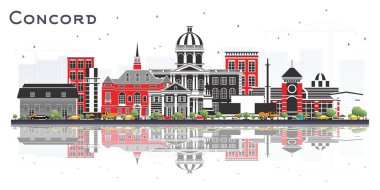 Concord New Hampshire City Skyline, Beyaz 'a izole edilmiş binalar ve yansımalar. Vektör İllüstrasyonu. Tarihi ve Modern Mimariyle Turizm Konsepti. Tarihi Simgelerle Concord USA Şehri.