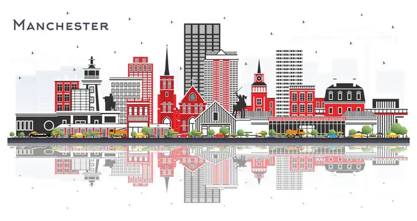 Manchester New Hampshire City Skyline 'da Gri Binalar ve Beyaz' a izole edilmiş yansımalar. Vektör İllüstrasyonu. Tarihi ve Modern Mimariyle Turizm Konsepti. Manchester ABD Şehir Manzarası.