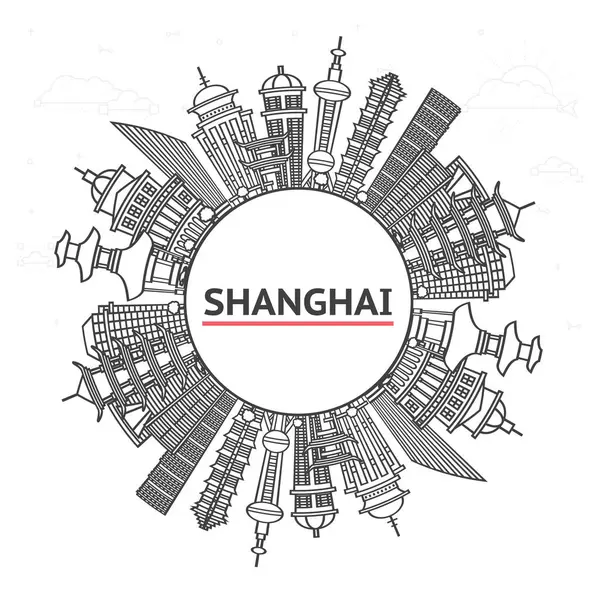 Shanghai China City Skyline 'ın ana hatları Modern Binalar ve White' a izole edilmiş kopya alanı. Vektör İllüstrasyonu. Tarihi Simgelerle Şangay Şehir Manzarası.