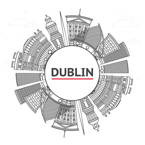 Dublin İrlanda Şehri 'nin ana hatlarıyla tarihi binalar ve beyaza izole edilmiş kopyalama alanı. Vektör İllüstrasyonu. Tarihi Simgeleri olan Dublin Şehri.