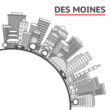 Des Moines Iowa City Skyline 'ın ana hatları Modern Binalar ve White' a izole edilmiş kopya alanı. Vektör İllüstrasyonu. Des Moines ABD Tarihi Eserli Şehir. 