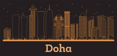 Doha Katar Şehri Skyline ve turuncu binalar. Vektör İllüstrasyonu. Modern Mimariyle İş Seyahati ve Kavram. Tarihi Simgeli Doha Şehir Manzarası.