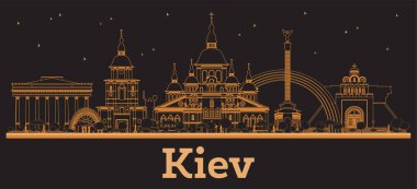 Turuncu binalı Kiev Ukrayna şehrinin silueti. Vektör İllüstrasyonu. Modern Mimariyle İş Seyahati ve Kavram. Tarihi Simgeli Kiev Şehir Manzarası. 