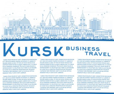 Ana hatlarıyla Kursk Rusya şehri mavi binalar ve kopyalama alanı ile ufuk çizgisi. Vektör çizimi. Şehir simgeleriyle Kursk şehri. Modern ve tarihi mimariyle iş seyahati ve turizm kavramı.