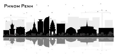 Phnom Penh Kamboçya Şehri Skyline Silueti, Siyah Binalar ve Beyaz 'a izole edilmiş yansımalar. Vektör İllüstrasyonu. Tarih Mimarisi kavramı. Simgeli Phnom Penh Şehir Manzarası. 