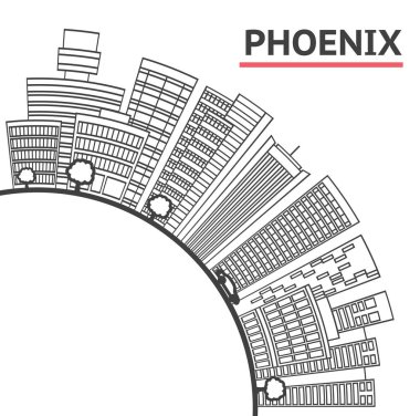 Phoenix Arizona City Skyline 'ın modern binaları ve White' ta izole edilmiş kopyaları. Vektör İllüstrasyonu. Tarihi Simgelerle Phoenix ABD Şehri. 