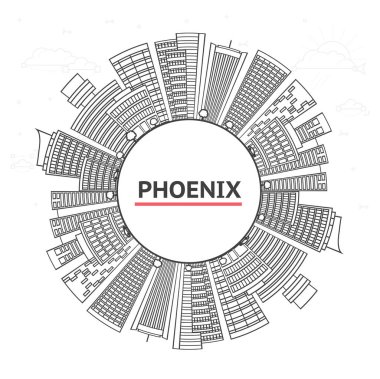 Phoenix Arizona City Skyline 'ın modern binaları ve White' ta izole edilmiş kopyaları. Vektör İllüstrasyonu. Tarihi Simgelerle Phoenix ABD Şehri. 