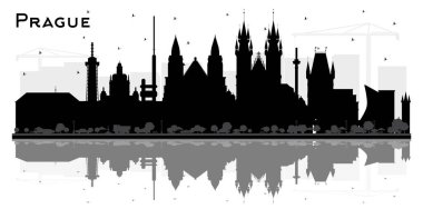 Prag Çek Cumhuriyeti Şehri Skyline Silueti Siyah Binalar ve Beyaz 'a izole edilmiş yansımalarla. Vektör İllüstrasyonu. Tarihi Mimariyle Turizm Konsepti. Tarihi Simgeli Prag Kenti. 