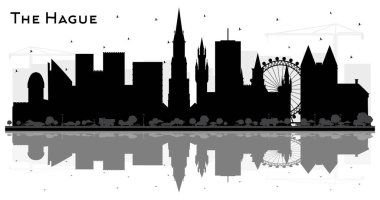 Lahey Hollanda Şehri Skyline Silueti Siyah Binalar ve Beyaz 'a izole edilmiş yansımalarla. Tarihi Mimariyle Turizm Konsepti. Tarihi İşaretli Lahey Kenti.
