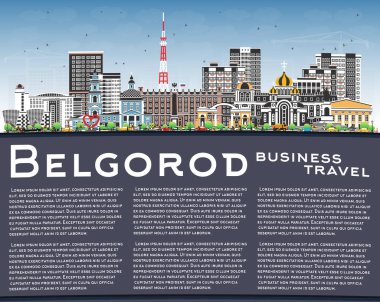 Belgorod Rusya şehri gökyüzü mavi renkli binalar ve kopyalanmış uzay ile ufuk çizgisi. Vektör çizimi. Belgorod şehir simgeleriyle dolu. Modern ve tarihi mimariyle seyahat ve turizm kavramı.