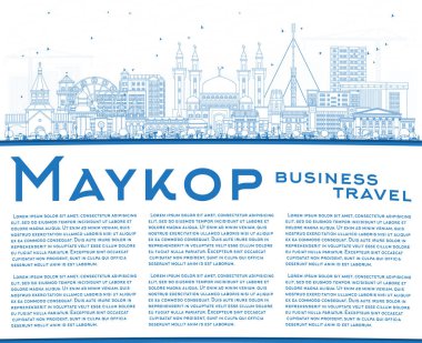 Maykop Rusya şehir silueti mavi binalar ve kopyalama alanı ile. Vektör çizimi. Maykop şehir simgeleriyle dolu. Modern ve tarihi mimariyle iş seyahati ve turizm kavramı.