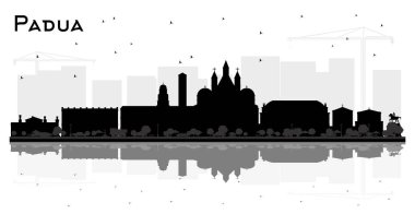 Padua Italy City Skyline Silhouette, Siyah Binalar ve Beyaz 'a izole edilmiş yansımalar. Vektör İllüstrasyonu. Tarihi Mimariyle Seyahat ve Konsept. Simgeli Padua Şehir Manzarası. 