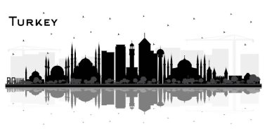 Turkey City Skyline Silueti ve Siyah Binalar Beyazlar üzerinde izole edildi. Vektör İllüstrasyonu. Tarihi Mimariyle Turizm Konsepti. Tarihi Eserleri Olan Hindi Şehri. İzmir. Ankara mı? İstanbul. 