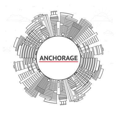 Anchorage Alaska City Skyline 'ı Modern Binalar ve White' a ayrılmış kopya alanı ile özetleyin. Vektör İllüstrasyonu. Tarihi Simgelerle ABD Şehri Anchorage.