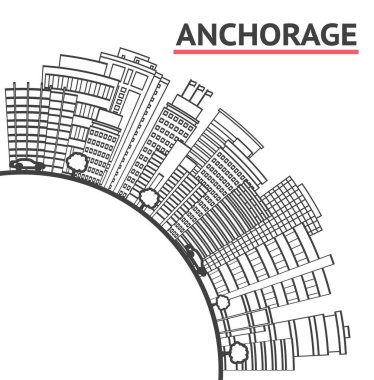Anchorage Alaska City Skyline 'ı Modern Binalar ve White' a ayrılmış kopya alanı ile özetleyin. Vektör İllüstrasyonu. Tarihi Simgelerle ABD Şehri Anchorage.
