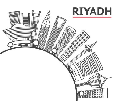 Riyad Suudi Arabistan şehir silueti modern binalar ve beyaza izole edilmiş kopyalama alanı. Vektör İllüstrasyonu. Tarihi Simgelerle Riyad Şehir Manzarası.