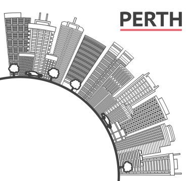 Modern Binalar ve Beyaz üzerine izole edilmiş kopya alanı ile ana hatlarıyla Perth Australia City Skyline. Vektör İllüstrasyonu. Tarihi Simgeli Perth Şehir Manzarası.