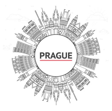 Prag 'ın ana hatlarıyla Çek Cumhuriyeti' nin tarihi yapıları ve beyaza izole edilmiş kopya alanı. Vektör İllüstrasyonu. Tarihi Simgeli Prag Kenti.