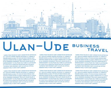 Ulan-Ude Rusya şehir silueti mavi binalar ve kopyalama alanı ile. Vektör çizimi. Tarihi işaretli Ulan-Ude şehir manzarası. Modern ve tarihi mimariyle iş ve turizm kavramı.