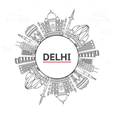 Delhi Hindistan 'ın tarihi binaları ve beyaza izole edilmiş kopyalama alanı ile Skyline hattını çiz. Vektör İllüstrasyonu. Tarihi Simgelerle Delhi Şehir Manzarası.