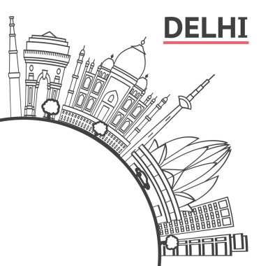 Delhi Hindistan 'ın tarihi binaları ve beyaza izole edilmiş kopyalama alanı ile Skyline hattını çiz. Vektör İllüstrasyonu. Tarihi Simgelerle Delhi Şehir Manzarası.