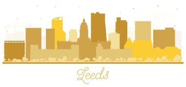 Leeds UK City Skyline Silhouette ve White 'da izole edilmiş altın binalar. Vektör İllüstrasyonu. Landmark 'lı Leeds Yorkshire City manzarası. Tarihi Mimariyle İş Seyahati ve Turizm Konsepti.