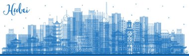 Çin 'deki Hubei Eyaleti' nin ana hatları. Blue Buildings ile City Skyline. Vektör İllüstrasyonu. Tarihi Mimariyle Turizm Konsepti. Hubei Şehir Manzarası. Wuhan. Xiaogan..
