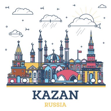 Beyaz renkli, modern ve tarihi binaları olan Kazan Rusya şehri silueti. Vektör çizimi. Tarihi yerleri olan Kazan şehri..