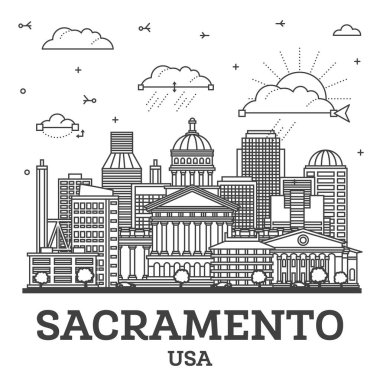 Sacramento California şehir silueti, beyaza izole edilmiş modern ve tarihi binalar. Vektör çizimi. Sacramento ABD şehir simgeleriyle.