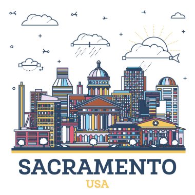 Sacramento California şehir silueti. Beyazlar üzerinde izole edilmiş renkli modern ve tarihi binalar. Vektör çizimi. Sacramento ABD şehir simgeleriyle.