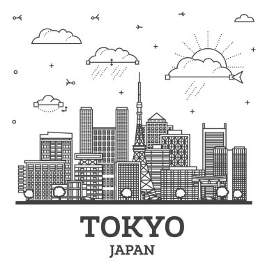 Tokyo şehrinin ana hatları beyaza izole edilmiş modern ve tarihi binalar. Vektör çizimi. Tokyo şehir simgeleriyle.