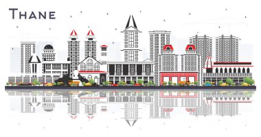 Thane India City Skyline, Gri Binalar ve Beyaz 'a izole edilmiş yansımalar. Vektör İllüstrasyonu. Tarihi ve Modern Mimariyle Seyahat ve Turizm Konsepti. Simgeli Thane Şehir Alanı.