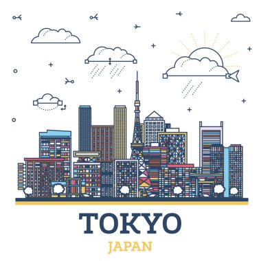 Tokyo şehrinin ana hatları renkli modern ve tarihi binalarla beyazlar üzerinde izole edilmiş. Vektör çizimi. Tokyo şehir simgeleriyle.