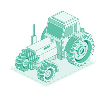 Isometric traktör beyaz arka planda izole edildi. Vektör çizimi. Özet nesne. Saha çalışması için büyük, modern tarım traktörü.