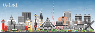 Yakutsk Rusya şehri mavi gökyüzü ve renkli binalar ile gökyüzü. Vektör çizimi. Yakutsk şehir simgeleriyle dolu. Modern ve tarihi mimariyle iş seyahati ve turizm kavramı.