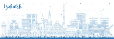 Yakutsk Rusya 'nın ana hatları mavi binalarla çizilmiş. Vektör çizimi. Yakutsk şehir simgeleriyle dolu. Modern ve tarihi mimariyle iş seyahati ve turizm kavramı.