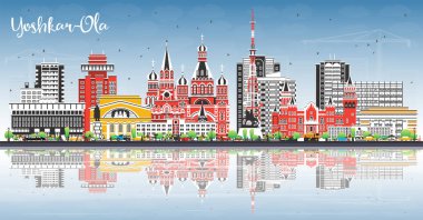 Yoshkar Ola Rusya şehri gökyüzü mavi renkli binalar ve yansımalarla gökyüzüne yükseliyor. Vektör çizimi. Yoshkar Ola şehir simgeleriyle. Modern ve tarihi mimariyle turizm kavramı.
